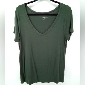 🌟 3/$30 Merona Olive Green V-Neck Spandex Rayon Blend Short Sleeve Tee Shirt M